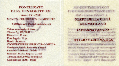 Ватикан 5 евро 2008 Бенедикт XVI, XXVII летние Олимпийские игры 2000 года в Сиднее, в оригинальной коробке, с сертификатом KM 406 серебро  PROOF  7-1-1-29