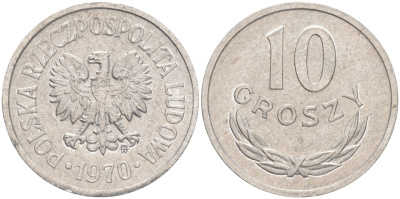 ПОЛЬША 10 ГРОШЕЙ 1970 MW KM АА47 алюминий XF 4528-364