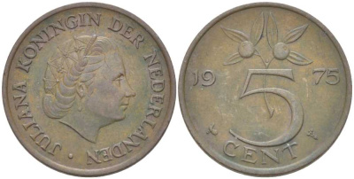 Нидерланды 5 центов 1975 Юлиана (1949-1980) KM 181 бронза 213-1133