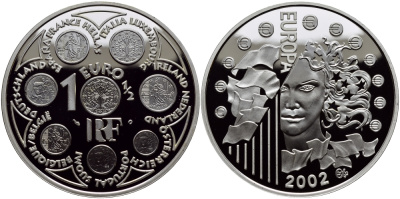Франция 1 1/2 евро 2002 введение евро KM 1301 серебро PROOF 1068-10-53