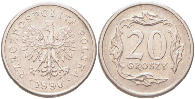 Польша 20 грошей 1990 Y 280 медно-никель UNC 4614-642