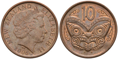 Новая Зеландия 10 центов 2006 маска Маори, Елизавета II (1952-) KM 117а сталь плакированная медью 186-455