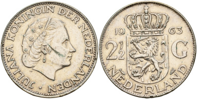 Нидерланды 2 1/2 гульдена 1963 Юлиана (1949-1980) KM 185 серебро    4599-622