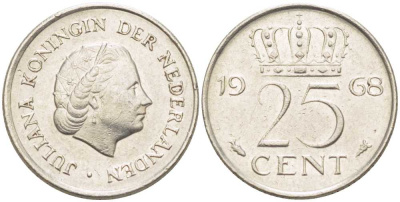 НИДЕРЛАНДЫ 25 ЦЕНТОВ 1968 ЮЛИАНА (1948-1980) KM 183 никель 214-951