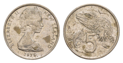 Новая Зеландия 5 центов 1975 Елизавета II (1952-2022), ящерица гаттерия KM 34.1 медно-никель 4178-333
