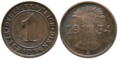 ГЕРМАНИЯ 1 РЕЙХСПФЕННИГ 1934 A KM 37, J. 313 бронза 39-1067