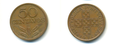 ПОРТУГАЛИЯ 50 СЕНТАВО 1974 KM 596 бронза 80-411