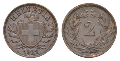Швейцария 2 раппена 1927 B KM 4 бронза 1518-822