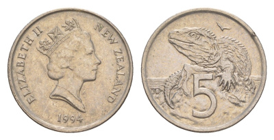 Новая Зеландия 5 центов 1994 Елизавета II (1952-2022), ящерица гаттерия KM 60 медно-никель 4594-513