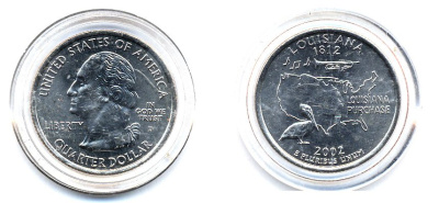 США 25 центов = квотер 2002 D, серия штаты США, Луизиана KM 333 медь плакированный медно-никелем UNC 61-643