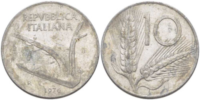 ИТАЛИЯ 10 ЛИР 1976 R, ПЛУГ, КОЛОСЬЯ KM 93 алюминий 175-425