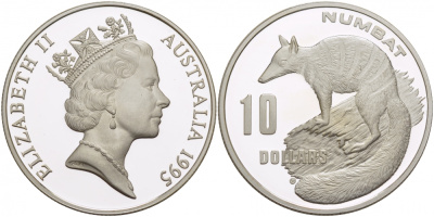 Австралия 10 долларов 1995 природа Австралии, сумчатый муравьед, намбат KM 296 серебро PROOF 1074-8-43
