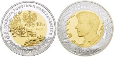 Польша 10 злотых 2009 MW, 65 лет Варшавскому восстанию, Тадеуш Гайцы, позолота KM 688 серебро, биметалл PROOF 1087-4-63