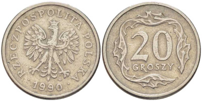 ПОЛЬША 20 ГРОШЕЙ 1990 MW KM 280 медно-никель 201-469