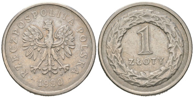 Польша 1 злотый 1990 MW KM 282 медно-никель 4566-134