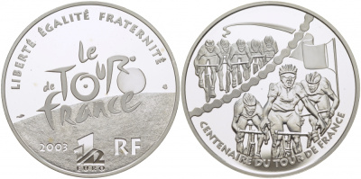 Франция 1 1/2 евро 2003 100 лет велогонкам Тур де Франс, группы велосипедистов KM 1324 серебро PROOF 1077-7-52
