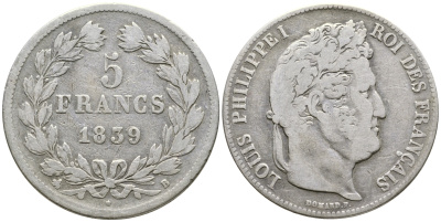 Франция 5 франков 1839 B, Луи Филипп I (1830-1848) KM 749.2 серебро 1066-7-54
