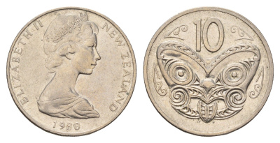 Новая Зеландия 10 центов 1980 Елизавета II (1952-2022), маска маори KM 41 медно-никель 4671-532