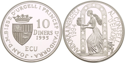 Андорра 10 динеров 1995 вступление Андорры в совет Европы KM 108 серебро PROOF 1088-10-24
