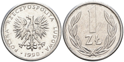 Польша 1 злотый 1990 MW, Народная Республика KM 49.3, Parchimowicz 215b алюминий UNC 4580-724