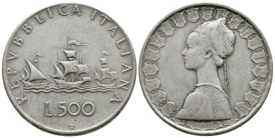 Италия 500 лир 1961 R, корабли Колумба KM 98 серебро 4178-1013