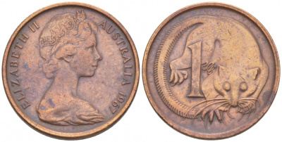 Австралия 1 цент 1967 Елизавета II (1953-), молодой портрет, опоссум КМ 62 бронза 3955-449