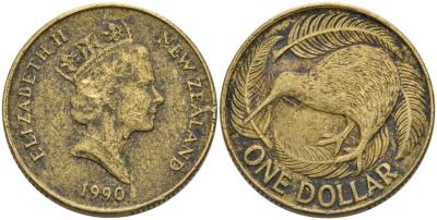 Новая Зеландия 1 доллар 1990 Елизавета II (1952-2022), птица киви KM 78 алюминиевая бронза 29-344