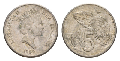 Новая Зеландия 5 центов 1989 Елизавета II (1952-2022), ящерица гаттерия KM 60 медно-никель 4594-452