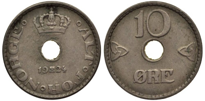 Норвегия 10 эре 1924 Хокон VII (1905-1957) KM 383 медно-никель 4549-944