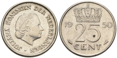 Нидерланды 25 центов 1950 Юлиана (1949-1980) KM 183 никель 4567-547