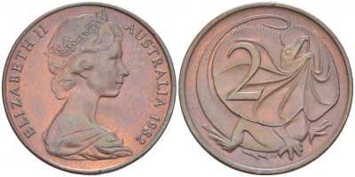 АВСТРАЛИЯ 2 ЦЕНТА 1982 ЕЛИЗАВЕТА II (1953-), ЕЛИЗАВЕТА II, МОЛОДОЙ ПОРТРЕТ, ПЛАЩЕНОСНАЯ ЯЩЕРИЦА (FRILLED LIZARD) KM 63 бронза 4519-454
