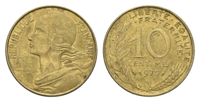 Франция 10 сантимов 1975 KM 929 алюминиевая бронза 4674-568