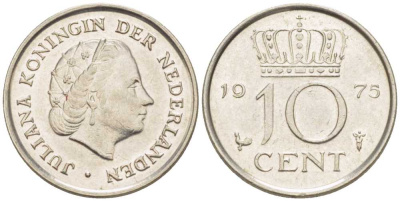 НИДЕРЛАНДЫ 10 ЦЕНТОВ 1975 ЮЛИАНА (1948-1980) KM 182 никель 116-1251
