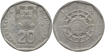 ПОРТУГАЛИЯ 20 ЭСКУДО 1988 INCM KM 634.1 медно-никель 4395-942