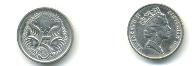 АВСТРАЛИЯ 5 ЦЕНТОВ 1989 ЕЛИЗАВЕТА II, ВТОРОЙ ПОРТРЕТ В КОРОНЕ, ЕХИДНА KM 80 медно-никель 56-441