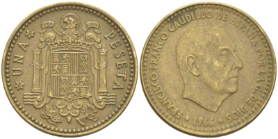 ИСПАНИЯ 1 ПЕСЕТА 1966 (67) ФРАНСИСКО ФРАНКО ДИКТАТОР ИСПАНИИ (1939-1975) KM 796 алюминиевая бронза 202-1126