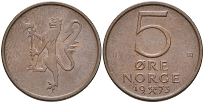 Норвегия 5 эре 1973 Улаф V (1958-1991) ​KM 415 бронза    4596-253