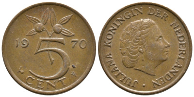 НИДЕРЛАНДЫ 5 ЦЕНТОВ 1970 ЮЛИАНА KM 181 бронза 3999-243