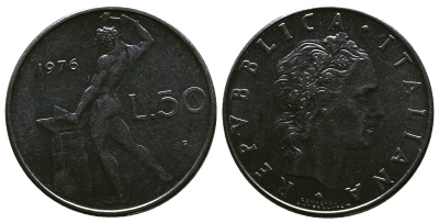Италия 50 лир 1976 R, бог Вулкан у наковальни KM 95.1 нержавеющая сталь 4384-1121