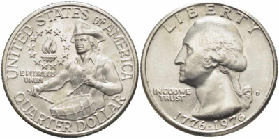 США 25 центов = квотер 1976 D, 200 лет независимости (1776-1976), Вашингтон, барабанщик KM 204 медь плакированная медно-никелем 65-731