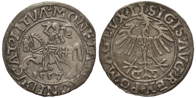 Польша 1/2 гроша (полугрош) 1557 Сигизмунд II Август (1544-1572), вес 1 гр. Saurma 5569, Kopicki 3249. серебро 1516-1523