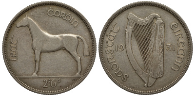 Ирландия 1/2 кроны = 2 шиллинга 6 пенсов 1931 лошадь KM 8 серебро 633-331