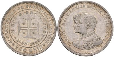 Португалия 200 реалов (рейсов) 1898 Карлуш I (1889-1908), 400 лет Открытию Индии KM 537 серебро 4584-1135