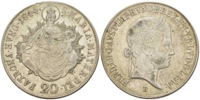 Венгрия 20 крейцеров 1844 B, Фердинанд I (1835-1848), мадонна с младенцем KM 422 серебро 413-1112