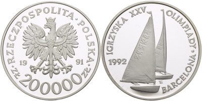 Польша 200000 злотых 1991 MW, XXV летние Олимпийские игры 1992 года в Барселоне, регата, яхты KM 241, Parchimowicz 644 серебро  PROOF  1071-10-64