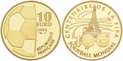 Франция 10 евро 2004 100 лет FIFA, Чемпионат мира по футболу, Эйфелева башня KM 1375 золото PROOF 00-000-00