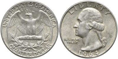 США 25 центов (квотер) 1964 Вашингтон KM 164 серебро 113-521