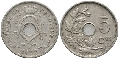 Бельгия 5 сантимов 1922 BELGIQUE KM 66 медно-никель 4516-932