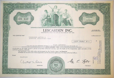 США, Lescarden Inc. 500 акций 1983 бумага 8805-47-1