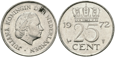 Нидерланды 25 центов 1972 Юлиана (1948-1980) KM 183никель 96-229